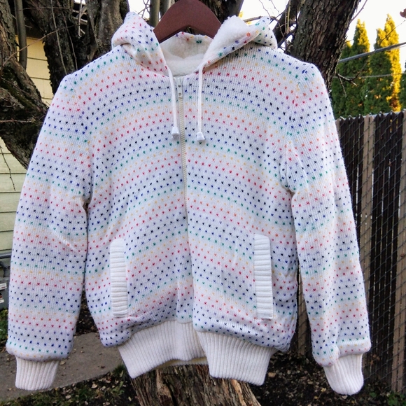 Vintage Tops - Vtg 70's Rainbow Heart Knit Hoodie Zipper Front